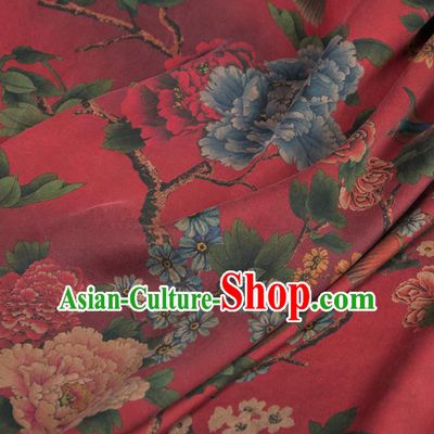 Asian Chinese Classical Peony Pattern Wine Red Brocade Satin Drapery Traditional Cheongsam Brocade Silk Fabric
