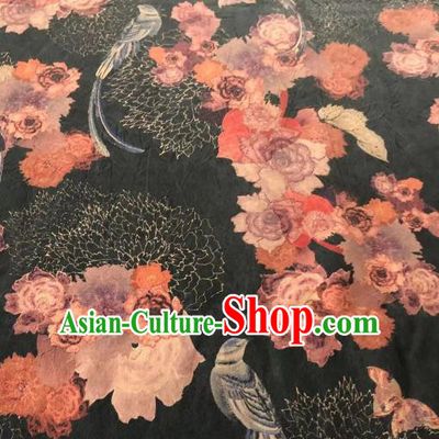 Asian Chinese Classical Peony Pattern Black Satin Drapery Gambiered Guangdong Gauze Brocade Traditional Cheongsam Brocade Silk Fabric