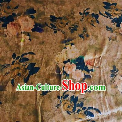 Asian Chinese Classical Roses Pattern Khaki Satin Drapery Gambiered Guangdong Gauze Brocade Traditional Cheongsam Brocade Silk Fabric