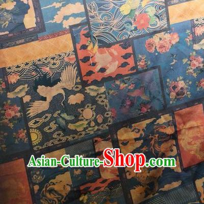 Asian Chinese Classical Dragon Crane Pattern Blue Satin Drapery Gambiered Guangdong Gauze Brocade Traditional Cheongsam Brocade Silk Fabric