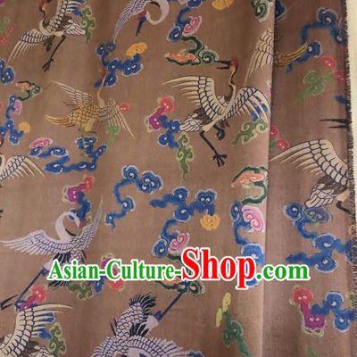 Asian Chinese Classical Cloud Cranes Pattern Brown Satin Drapery Gambiered Guangdong Gauze Brocade Traditional Cheongsam Brocade Silk Fabric
