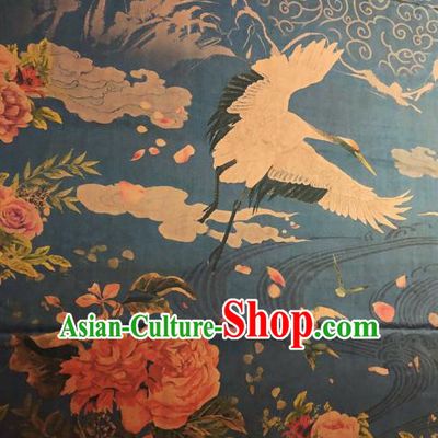 Asian Chinese Classical Crane Roses Pattern Navy Satin Drapery Gambiered Guangdong Gauze Brocade Traditional Cheongsam Brocade Silk Fabric