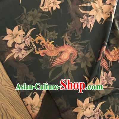 Asian Chinese Classical Lily Flowers Pattern Black Satin Drapery Gambiered Guangdong Gauze Brocade Traditional Cheongsam Brocade Silk Fabric