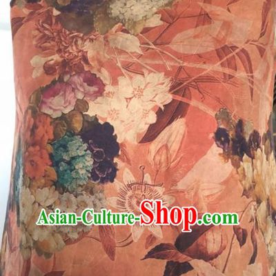 Asian Chinese Classical Flowers Pattern Orange Satin Drapery Gambiered Guangdong Gauze Brocade Traditional Cheongsam Brocade Silk Fabric