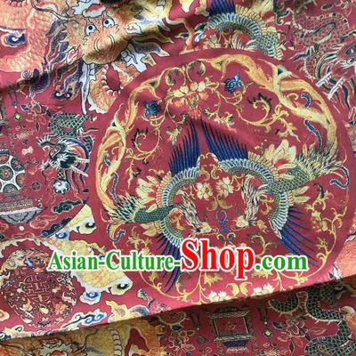 Asian Chinese Classical Dragon Phoenix Pattern Wine Red Satin Drapery Gambiered Guangdong Gauze Brocade Traditional Cheongsam Brocade Silk Fabric