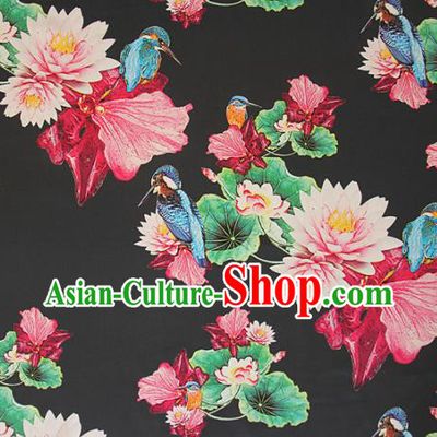 Asian Chinese Classical Lotus Birds Pattern Black Satin Drapery Gambiered Guangdong Gauze Brocade Traditional Cheongsam Brocade Silk Fabric