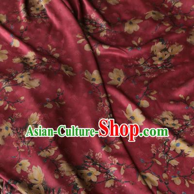 Asian Chinese Classical Yulan Magnolia Pattern Wine Red Gambiered Guangdong Gauze Satin Drapery Brocade Traditional Cheongsam Brocade Silk Fabric