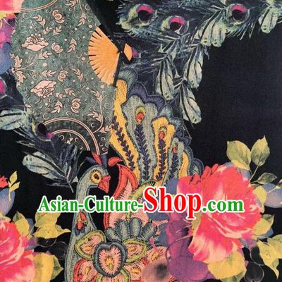 Asian Chinese Classical Peacock Peony Pattern Black Satin Drapery Gambiered Guangdong Gauze Brocade Traditional Cheongsam Brocade Silk Fabric
