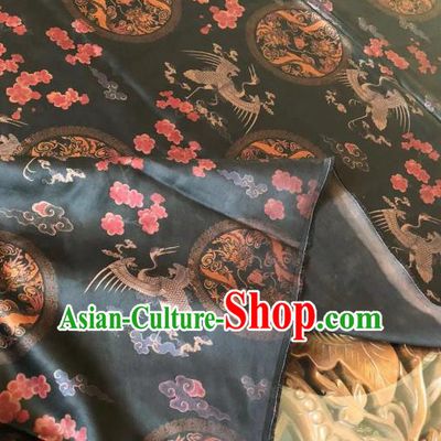 Asian Chinese Classical Cloud Crane Pattern Black Satin Drapery Gambiered Guangdong Gauze Brocade Traditional Cheongsam Brocade Silk Fabric
