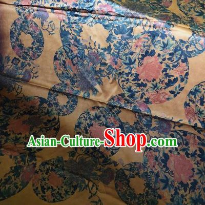 Asian Chinese Classical Peony Pattern Yellow Satin Drapery Gambiered Guangdong Gauze Brocade Traditional Cheongsam Brocade Silk Fabric
