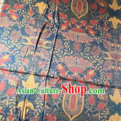 Asian Chinese Classical Pattern Blue Satin Drapery Gambiered Guangdong Gauze Brocade Traditional Cheongsam Brocade Silk Fabric