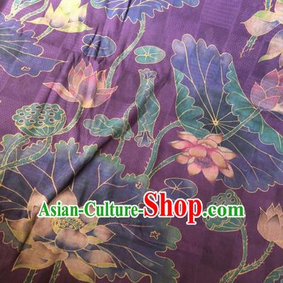 Asian Chinese Classical Lotus Pattern Purple Satin Drapery Gambiered Guangdong Gauze Brocade Traditional Cheongsam Brocade Silk Fabric