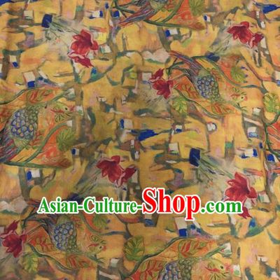 Asian Chinese Classical Peacock Pattern Yellow Satin Drapery Gambiered Guangdong Gauze Brocade Traditional Cheongsam Brocade Silk Fabric