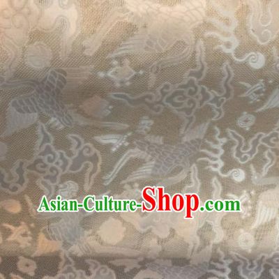 Asian Chinese Classical Cloud Cranes Pattern White Satin Drapery Gambiered Guangdong Gauze Brocade Traditional Cheongsam Brocade Silk Fabric