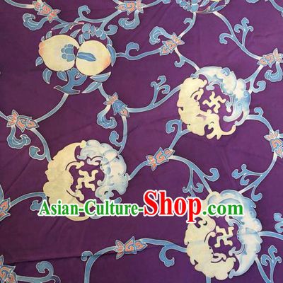 Asian Chinese Classical Longevity Peach Pattern Purple Satin Drapery Gambiered Guangdong Gauze Brocade Traditional Cheongsam Brocade Silk Fabric