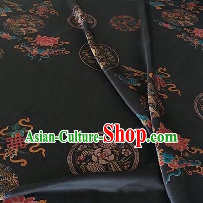 Asian Chinese Classical Lucky Peony Pattern Black Satin Drapery Gambiered Guangdong Gauze Brocade Traditional Cheongsam Brocade Silk Fabric