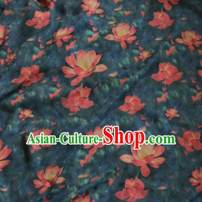 Asian Chinese Classical Lotus Pattern Atrovirens Gambiered Guangdong Gauze Satin Drapery Brocade Traditional Cheongsam Brocade Silk Fabric