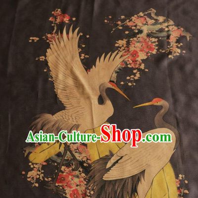 Asian Chinese Classical Cranes Plum Pattern Black Gambiered Guangdong Gauze Satin Drapery Brocade Traditional Cheongsam Brocade Silk Fabric