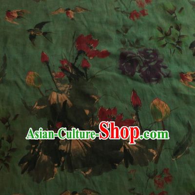 Asian Chinese Classical Lotus Pattern Green Gambiered Guangdong Gauze Satin Drapery Brocade Traditional Cheongsam Brocade Silk Fabric