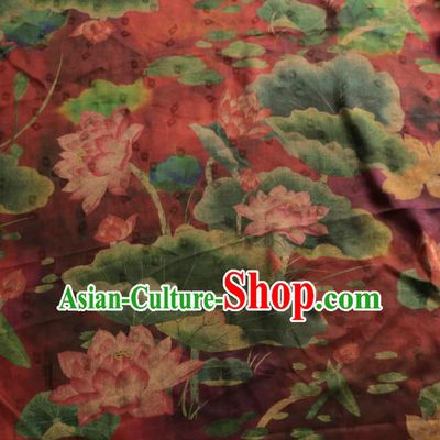 Asian Chinese Classical Lotus Pattern Wine Red Gambiered Guangdong Gauze Satin Drapery Brocade Traditional Cheongsam Brocade Silk Fabric