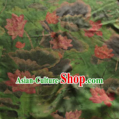 Asian Chinese Classical Lotus Pattern Green Gambiered Guangdong Gauze Satin Drapery Brocade Traditional Cheongsam Brocade Silk Fabric