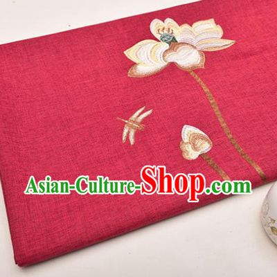 Asian Chinese Cheongsam Classical Embroidered Lotus Pattern Wine Red Satin Drapery Brocade Traditional Brocade Silk Fabric
