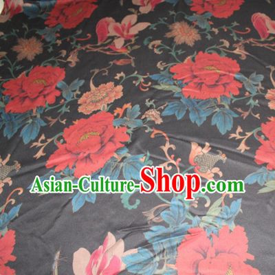Chinese Traditional Cheongsam Classical Red Peony Pattern Black Gambiered Guangdong Gauze Asian Satin Drapery Brocade Silk Fabric