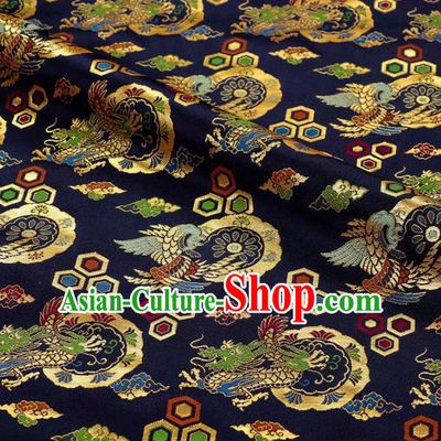 Japanese Traditional Kimono Classical Dragons Pattern Navy Brocade Asian Japan Satin Drapery Silk Fabric