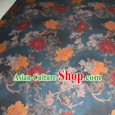 Chinese Traditional Cheongsam Classical Peony Pattern Blue Gambiered Guangdong Gauze Asian Satin Drapery Brocade Silk Fabric