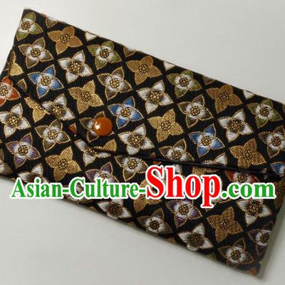 Japanese Traditional Classical Cherry Blossom Pattern Black Brocade Handbag Asian Japan Nishijin Satin Bags Wallet