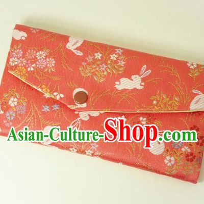 Japanese Traditional Classical Orchid Rabbits Pattern Watermelon Red Brocade Handbag Asian Japan Nishijin Satin Bags Wallet