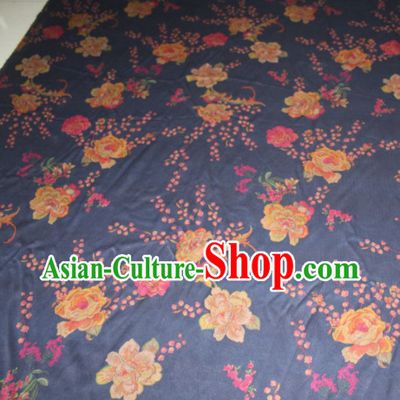 Chinese Traditional Cheongsam Classical Peony Plum Pattern Navy Gambiered Guangdong Gauze Asian Satin Drapery Brocade Silk Fabric