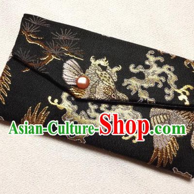 Japanese Traditional Classical Pine Pattern Black Brocade Handbag Asian Japan Nishijin Satin Bags Wallet