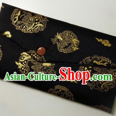Japanese Traditional Classical Dragons Pattern Black Brocade Handbag Asian Japan Nishijin Satin Bags Wallet