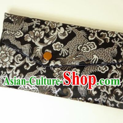 Japanese Traditional Classical Dragon Peony Pattern Black Brocade Handbag Asian Japan Nishijin Satin Bags Wallet