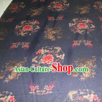 Asian Chinese Cheongsam Classical Peony Orchid Pattern Navy Gambiered Guangdong Gauze Satin Drapery Brocade Traditional Brocade Silk Fabric