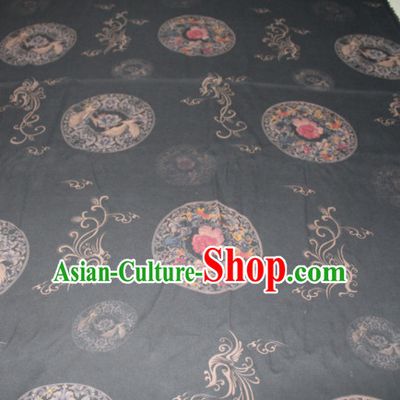 Chinese Traditional Cheongsam Classical Cranes Peony Pattern Black Gambiered Guangdong Gauze Asian Satin Drapery Brocade Silk Fabric