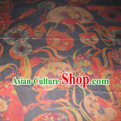 Chinese Traditional Cheongsam Classical Fans Pattern Black Gambiered Guangdong Gauze Asian Satin Drapery Brocade Silk Fabric