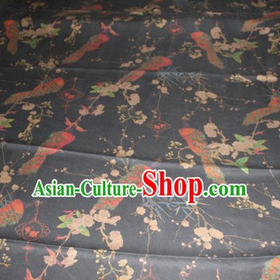 Chinese Traditional Cheongsam Classical Plum Bamboo Pattern Black Gambiered Guangdong Gauze Asian Satin Drapery Brocade Silk Fabric