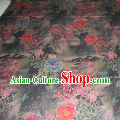 Chinese Traditional Cheongsam Classical Peony Camellia Pattern Black Gambiered Guangdong Gauze Asian Satin Drapery Brocade Silk Fabric