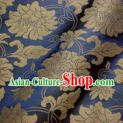 Japanese Traditional Kimono Classical Peony Pattern Navy Brocade Damask Asian Japan Nishijin Satin Drapery Silk Fabric