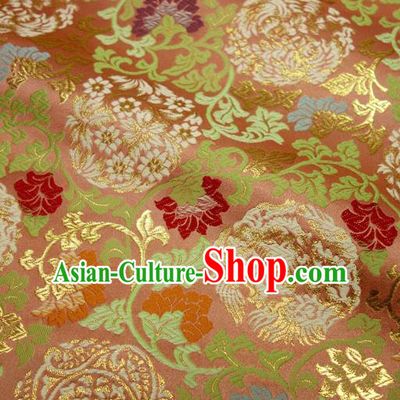 Japanese Traditional Kimono Classical Twine Peony Pattern Pink Brocade Damask Asian Japan Nishijin Satin Drapery Silk Fabric