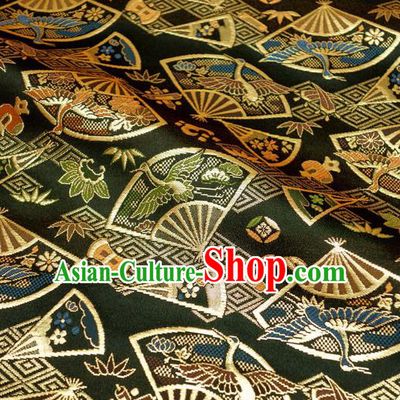 Japanese Traditional Kimono Classical Crane Fan Pattern Black Brocade Damask Asian Japan Nishijin Satin Drapery Silk Fabric