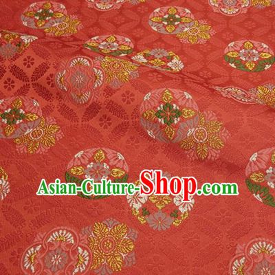 Japanese Traditional Kimono Classical Qibao Flowers Pattern Red Brocade Damask Asian Japan Nishijin Satin Drapery Silk Fabric