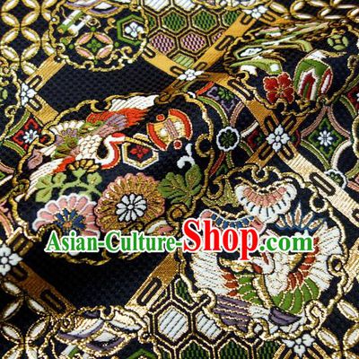 Japanese Traditional Kimono Classical Crane Daisy Pattern Black Brocade Damask Asian Japan Nishijin Satin Drapery Silk Fabric