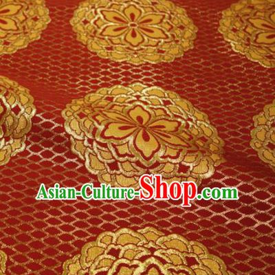 Japanese Traditional Kimono Classical Four Kettle Pattern Red Brocade Damask Asian Japan Nishijin Satin Drapery Silk Fabric