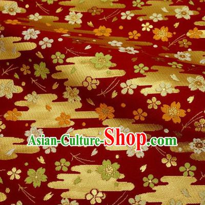 Japanese Traditional Kimono Classical Cloud Sakura Pattern Red Brocade Damask Asian Japan Nishijin Satin Drapery Silk Fabric