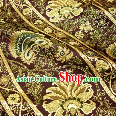 Japanese Traditional Kimono Classical Flowers Pattern Purple Brocade Damask Asian Japan Nishijin Satin Drapery Silk Fabric