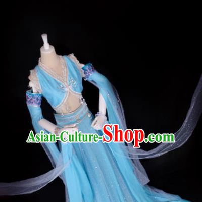 Chinese Cosplay Swordswoman Costume Ancient Goddess Blue Dress for Women