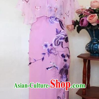 Chinese Traditional Customized Embroidered Pink Cheongsam National Costume Classical Qipao Dress for Women